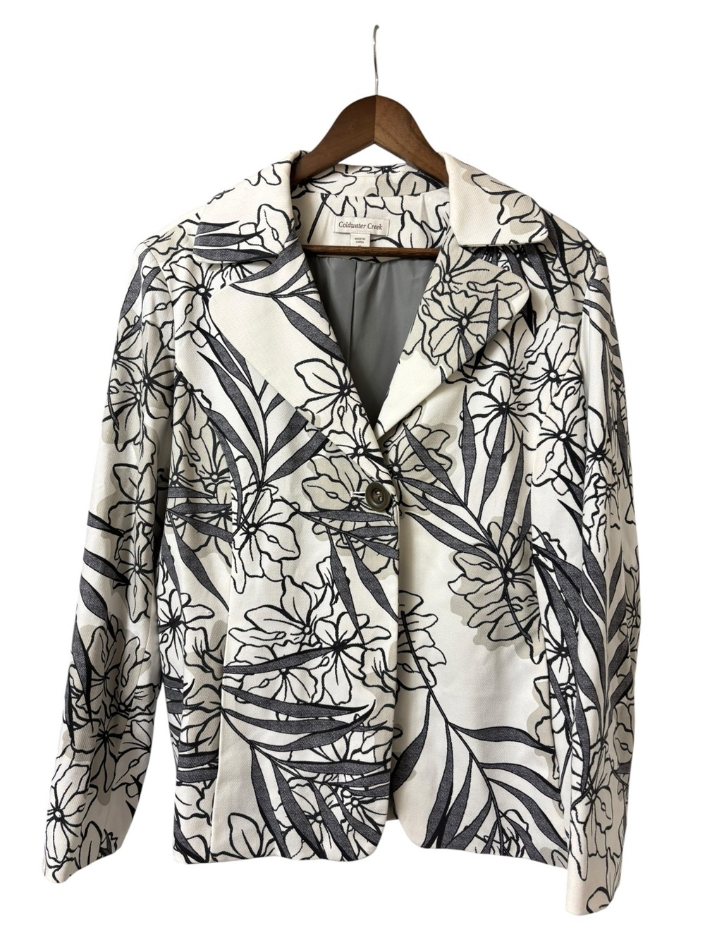 Coldwater Creek vintage gray/black floral outline botanical palm blazer size 16